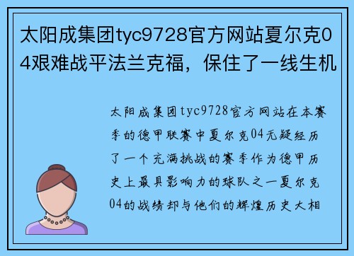 太阳成集团tyc9728官方网站夏尔克04艰难战平法兰克福，保住了一线生机