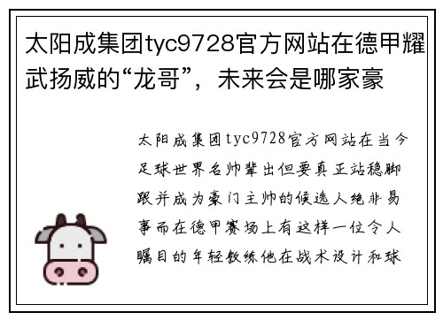 太阳成集团tyc9728官方网站在德甲耀武扬威的“龙哥”，未来会是哪家豪门主帅，皇马还是利物？